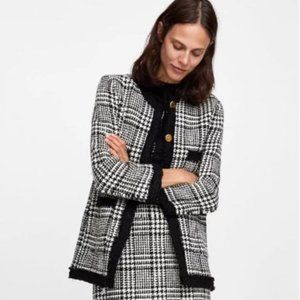 Zara Black and White  Long Tweed Houndstooth Plaid Blazer Small